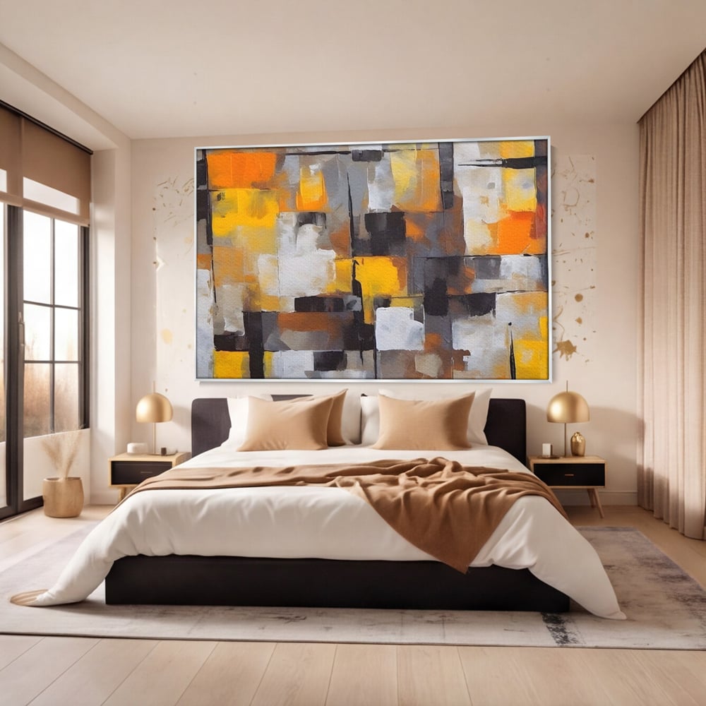 Tablou canvas cu tablou canvas cu patrate abstracte, in rama de aluminiu argintiu, pe perete intr-un dormitor